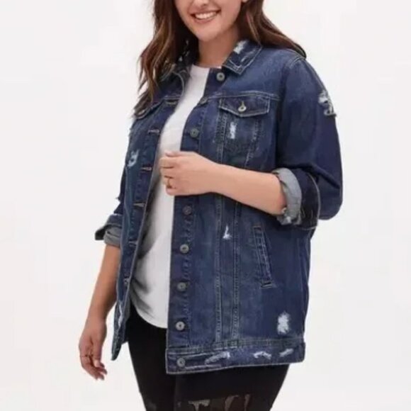 TORRID WOMEN LONG LENGTH JEAN JACKET DISTRUCTIVE - Picture 1 of 8